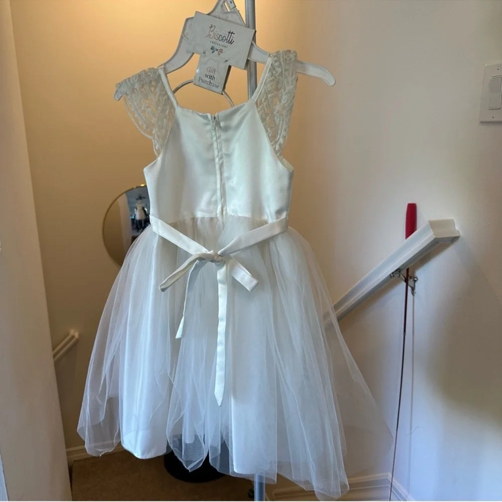 Biscotti Flower Girl White Dress with Lace Shoulders & Matching Bow Headband